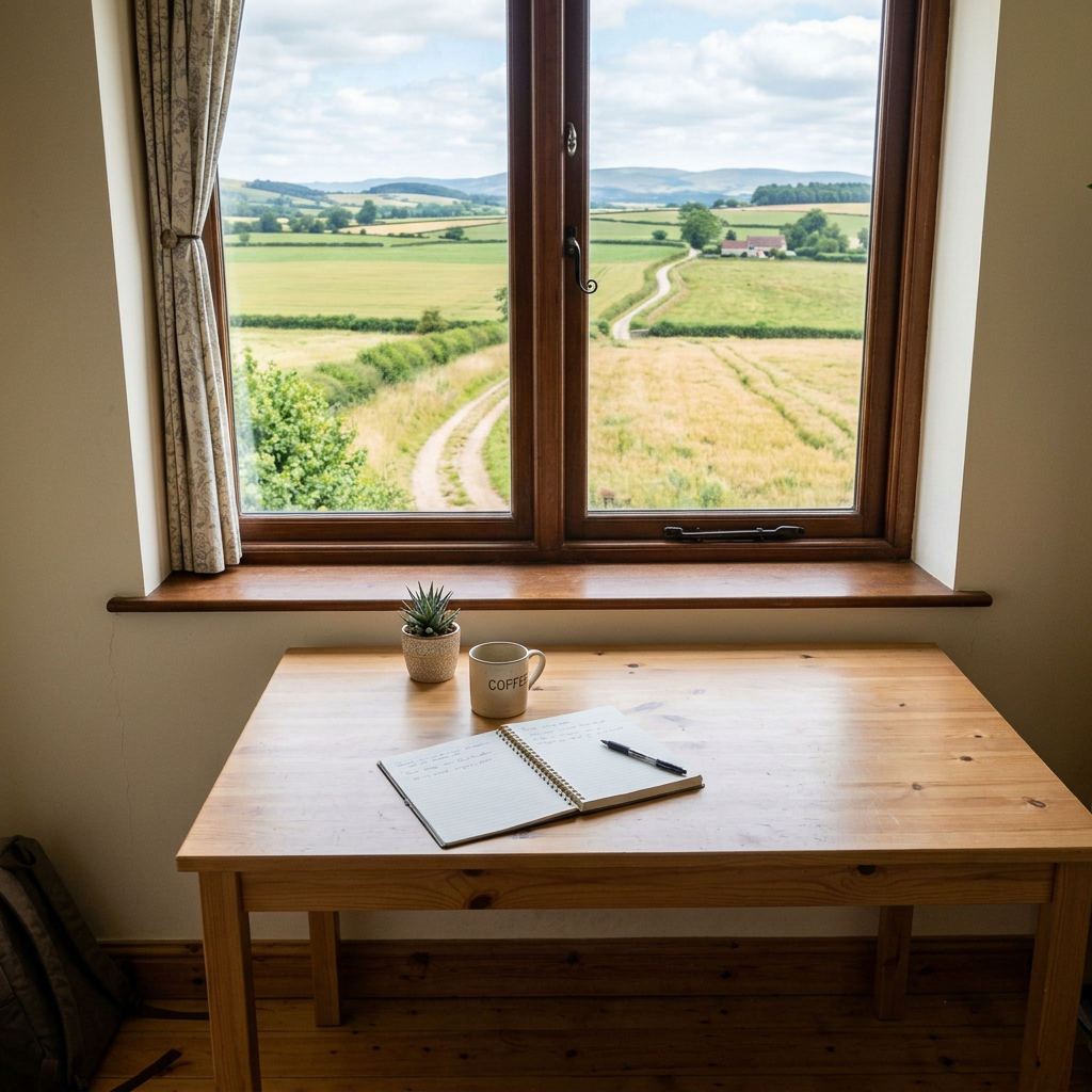 Desk with notebook, pen, coffee mug, and small plant by window showing rural landscape
