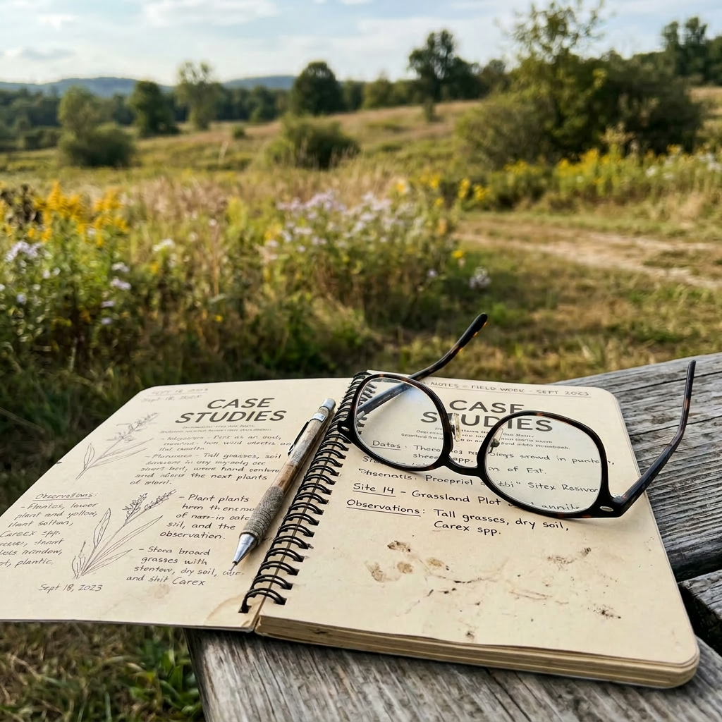 Open field notes journal with handwritten observations, glasses, and pen on wooden bench outdoors